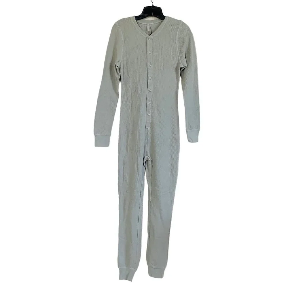 SKIMS Talc Waffle Knit Henley Front Thermal Onesie Sz L NWT